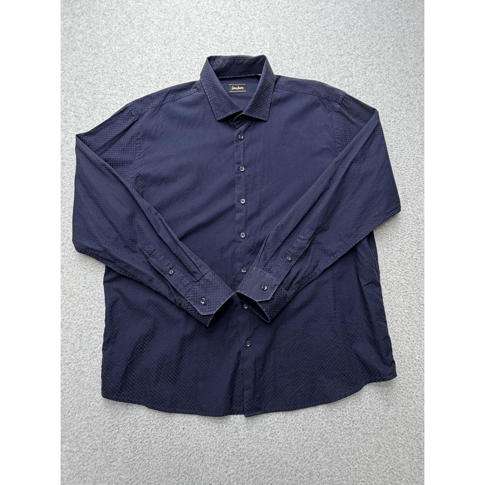 Neiman Marcus Dress Shirt Mens 2XL Blue Check 100% Cotton Button Up Long Sleeve